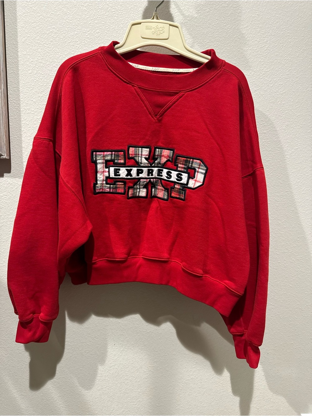 Express Red Cropped Plaid Logo Sweatshirt